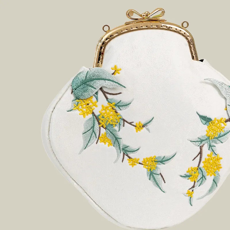 Persimmon Embroidered Pearl Chain Kiss-Lock Crossbody Bag