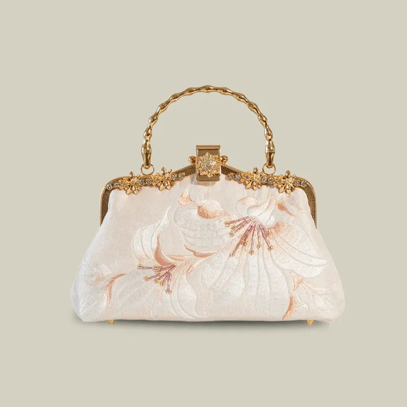 Lily Embroidered Pearl Chain Handbag with Metal Handle