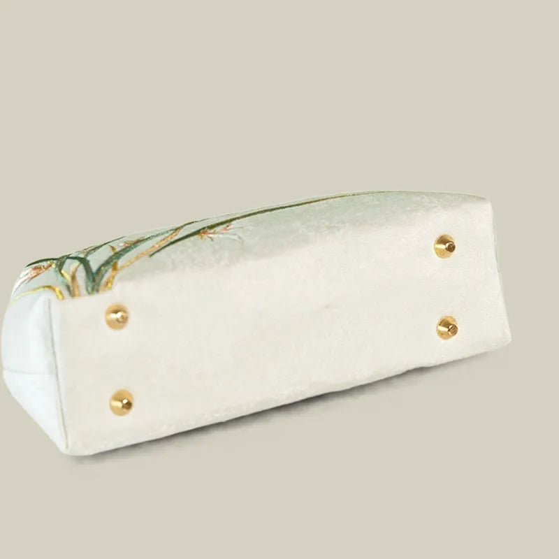 Orchid Bloom Embroidered Kiss-Lock Handbag with Pearl Handle