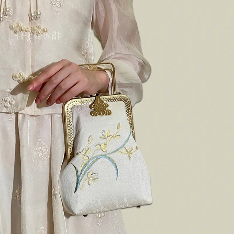 Orchid Embroidered Vintage White Evening Bag With Metal Handle