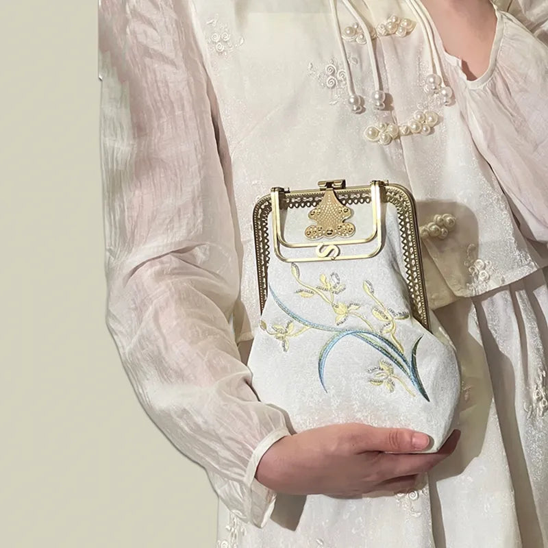 Orchid Embroidered Vintage White Evening Bag With Metal Handle