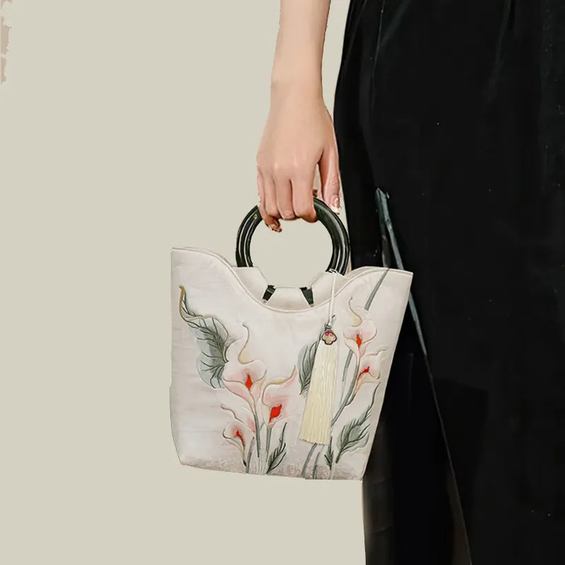 Calla Lily Embroidered Tote Bag with Vintage Green Acrylic Handle
