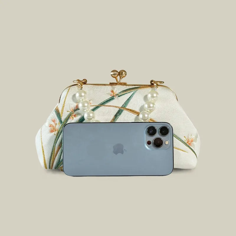 Orchid Bloom Embroidered Kiss-Lock Handbag with Pearl Handle