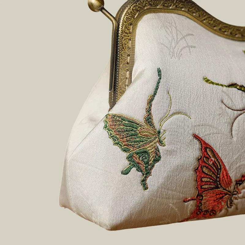 Vintage Butterfly Embroidered Handbag with Metal Kiss-Lock
