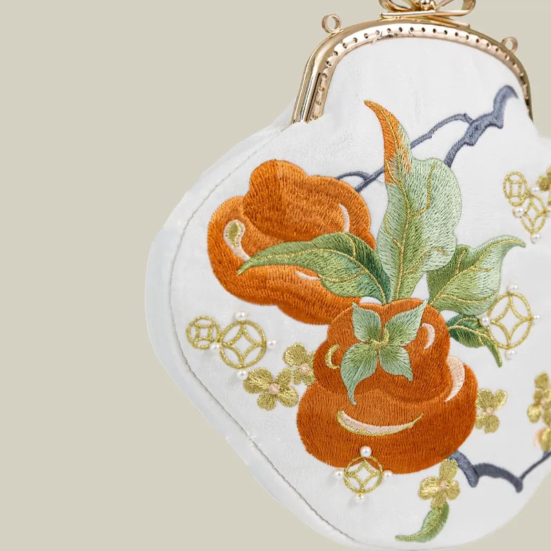 Persimmon Embroidered Pearl Chain Kiss-Lock Crossbody Bag