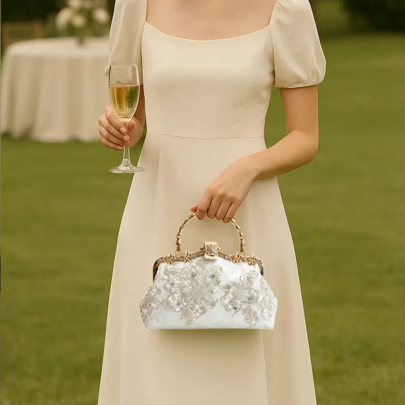 White Floral Embroidery Evening Handbag