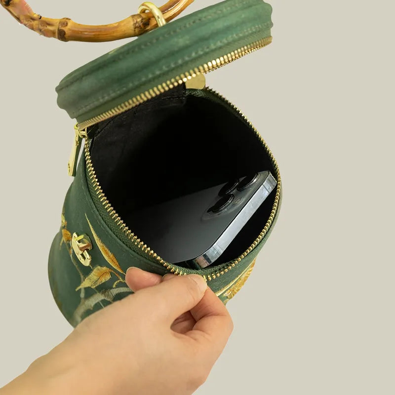 Cicada Song Embroidered Green Mini Bucket Bag