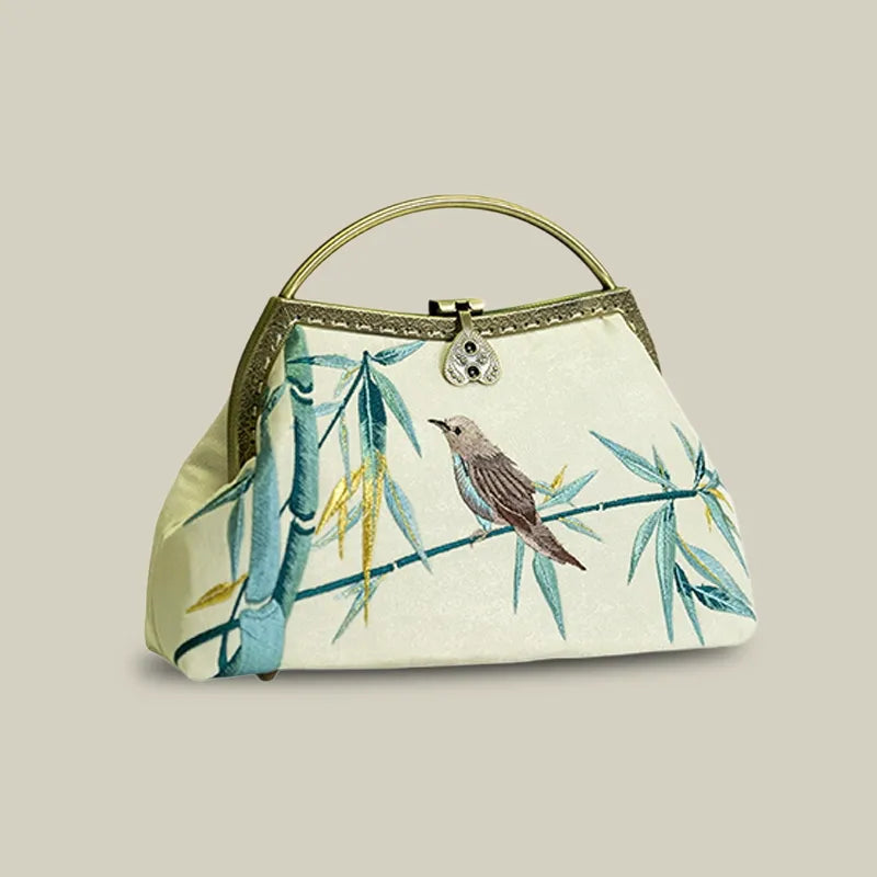 Magpie and Bamboo Embroidered Handbag with Metal Handle