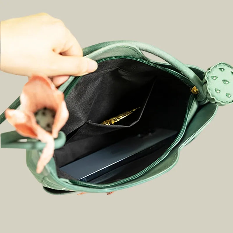 Green Lotus Embroidered Shoulder Bag