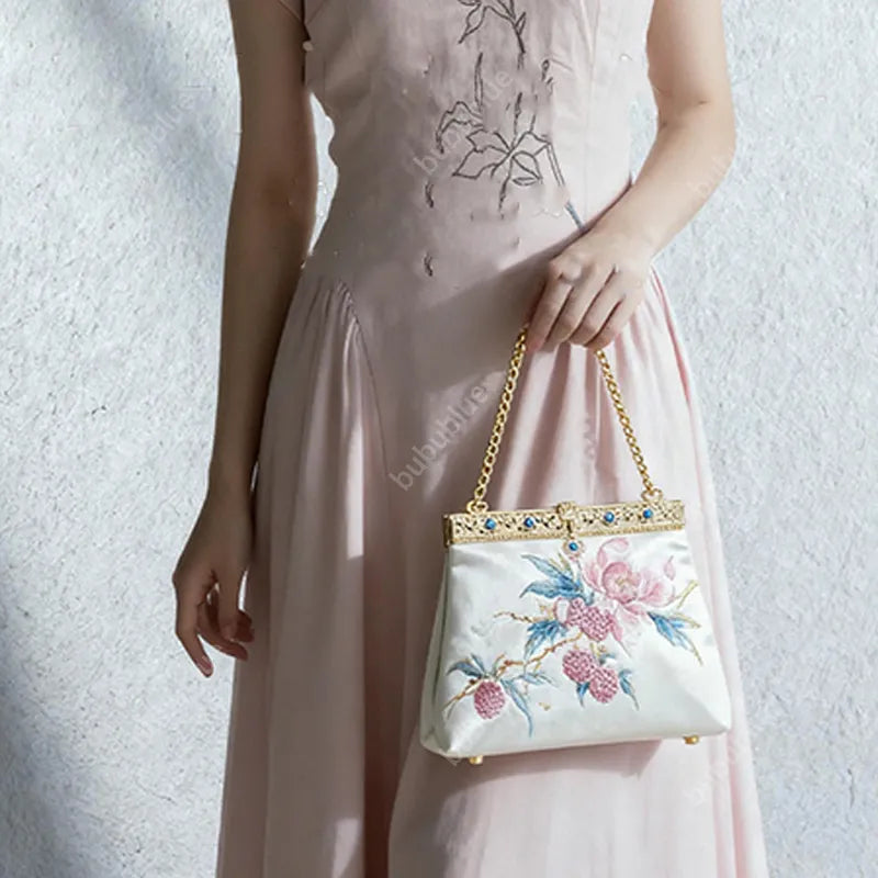 Vintage Lychee Embroidered Satin Handbag with Metal Beads