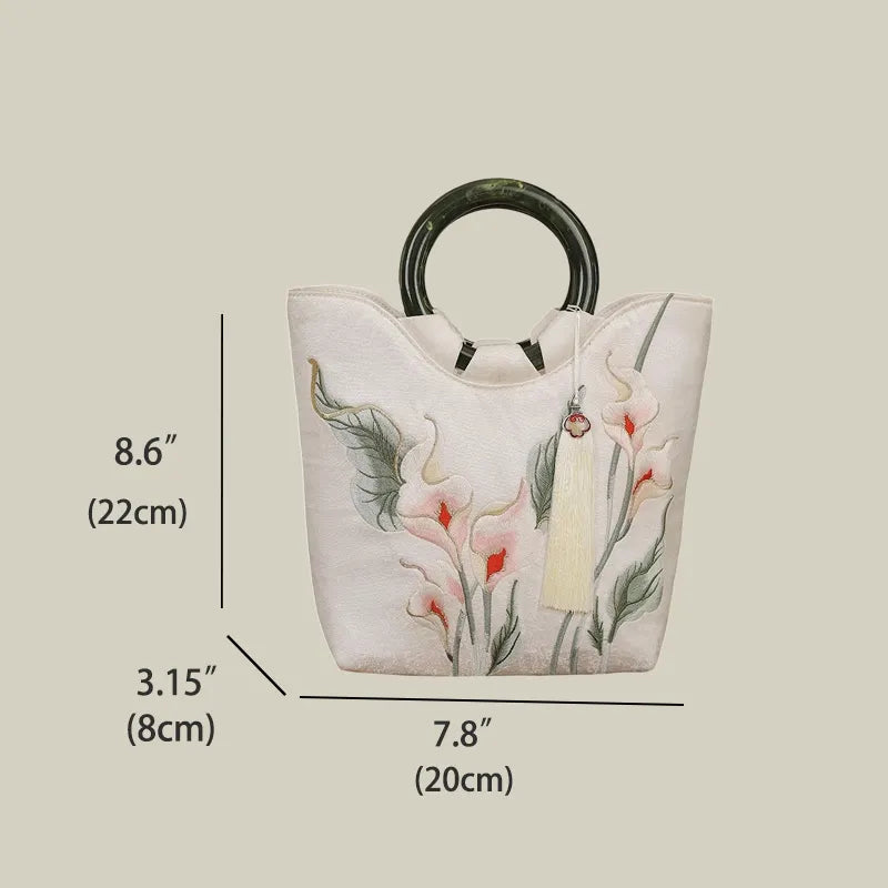 Calla Lily Embroidered Tote Bag with Vintage Green Acrylic Handle