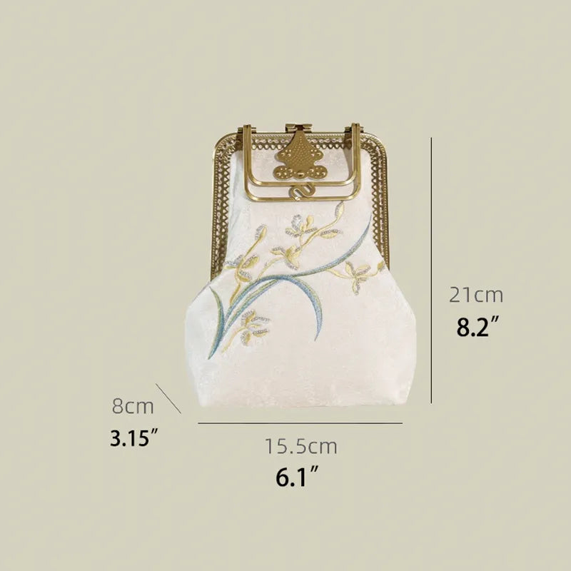 Orchid Embroidered Vintage White Evening Bag With Metal Handle