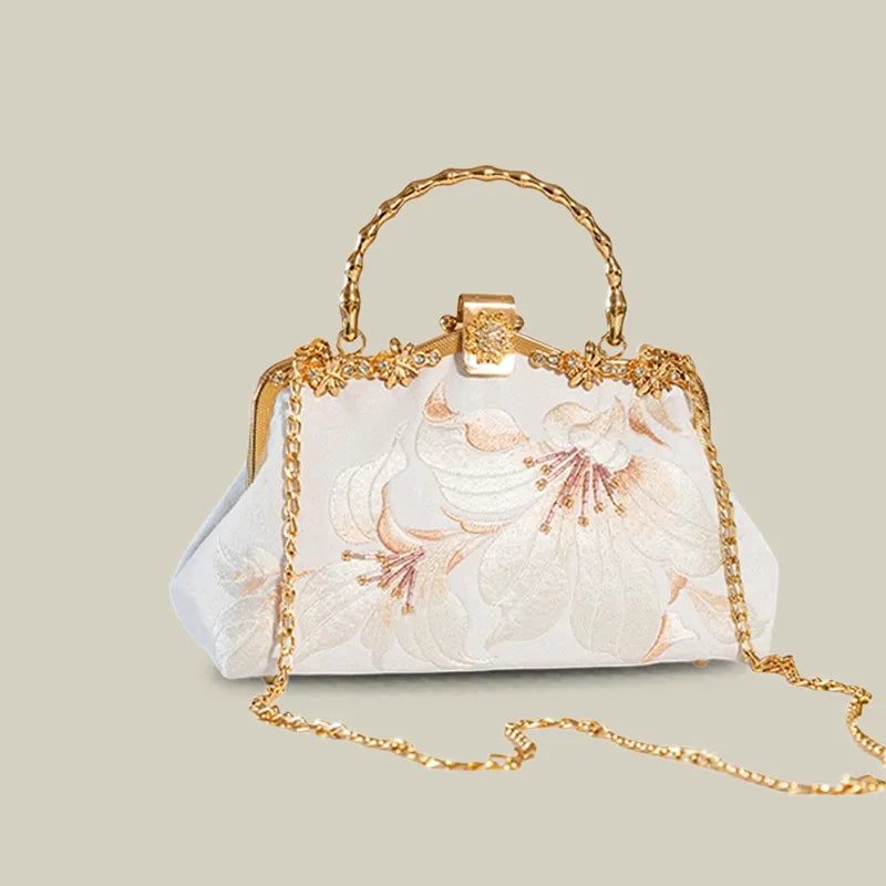 Lily Embroidered Pearl Chain Handbag with Metal Handle