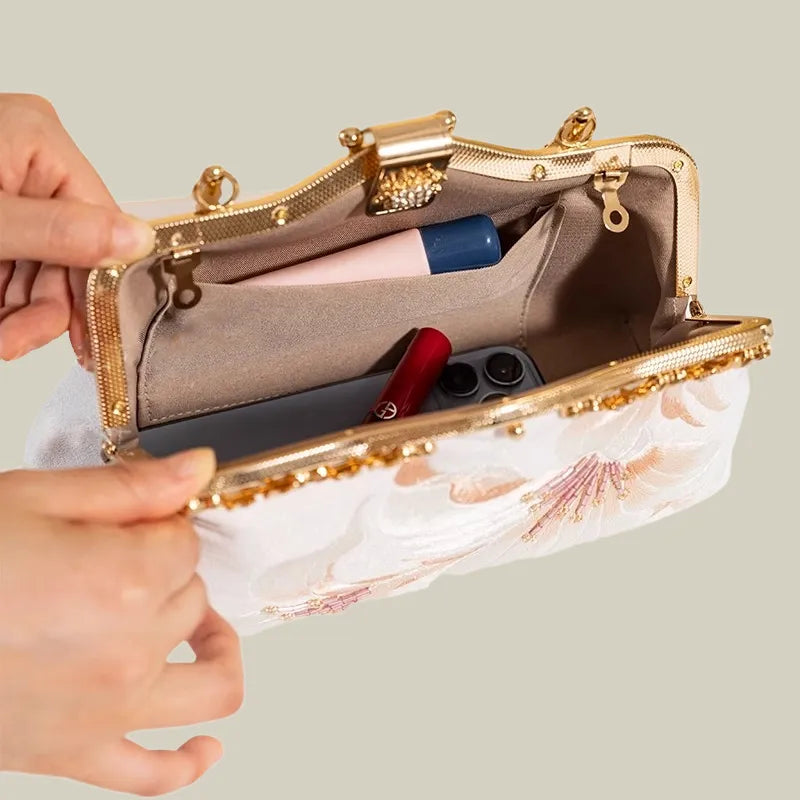 Lily Embroidered Pearl Chain Handbag with Metal Handle