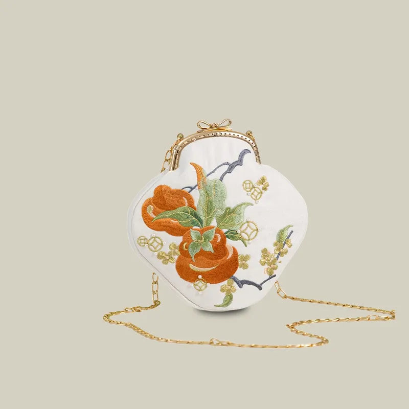 Persimmon Embroidered Pearl Chain Kiss-Lock Crossbody Bag