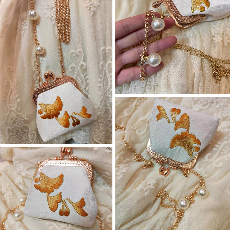 Ginkgo Embroidered Mini Kiss-Lock Purse with Pearl Chain