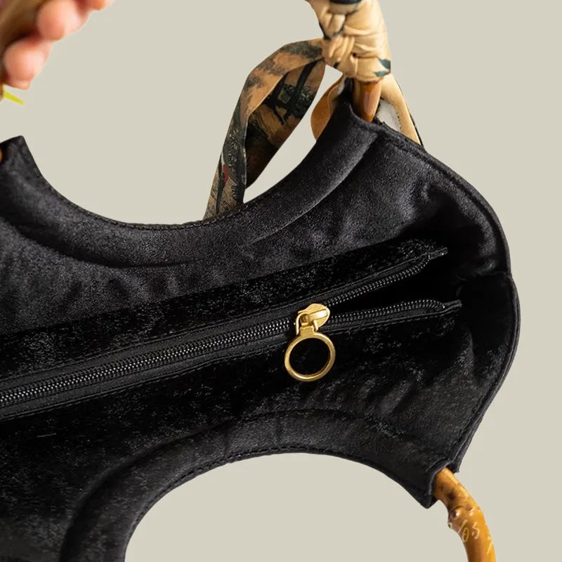 Floral Embroidered Tote Bag with Bamboo Handle & Silk Scarf