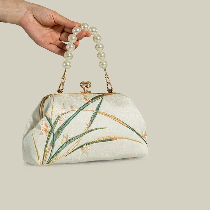 Orchid Bloom Embroidered Kiss-Lock Handbag with Pearl Handle