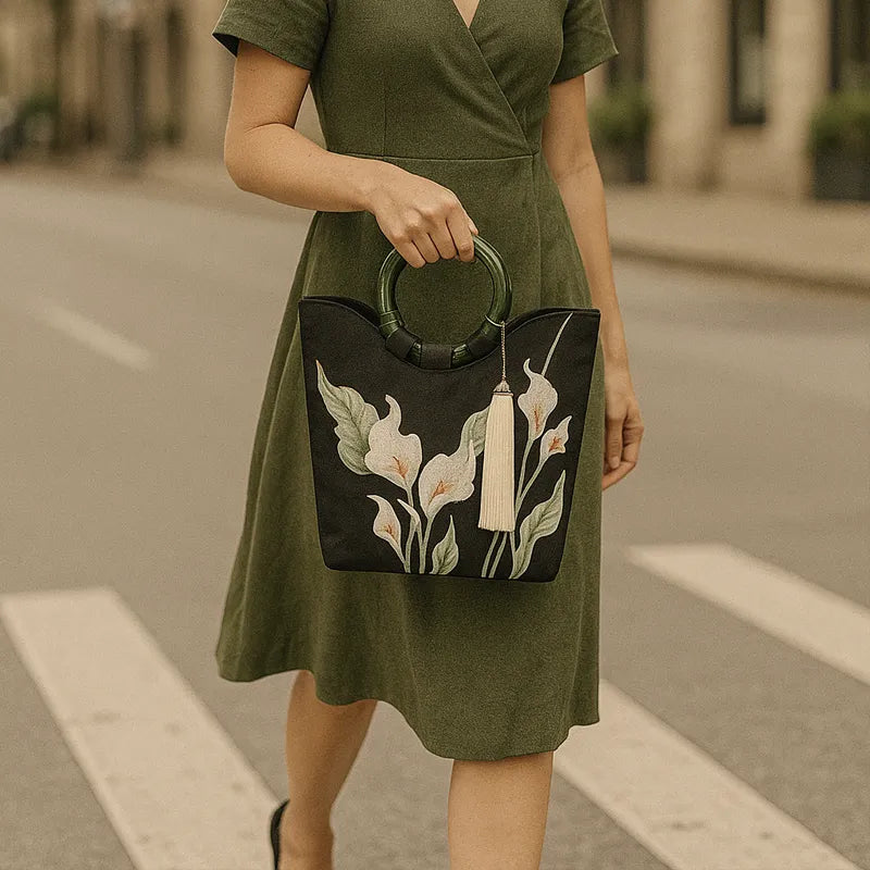 Calla Lily Embroidered Tote Bag with Vintage Green Acrylic Handle