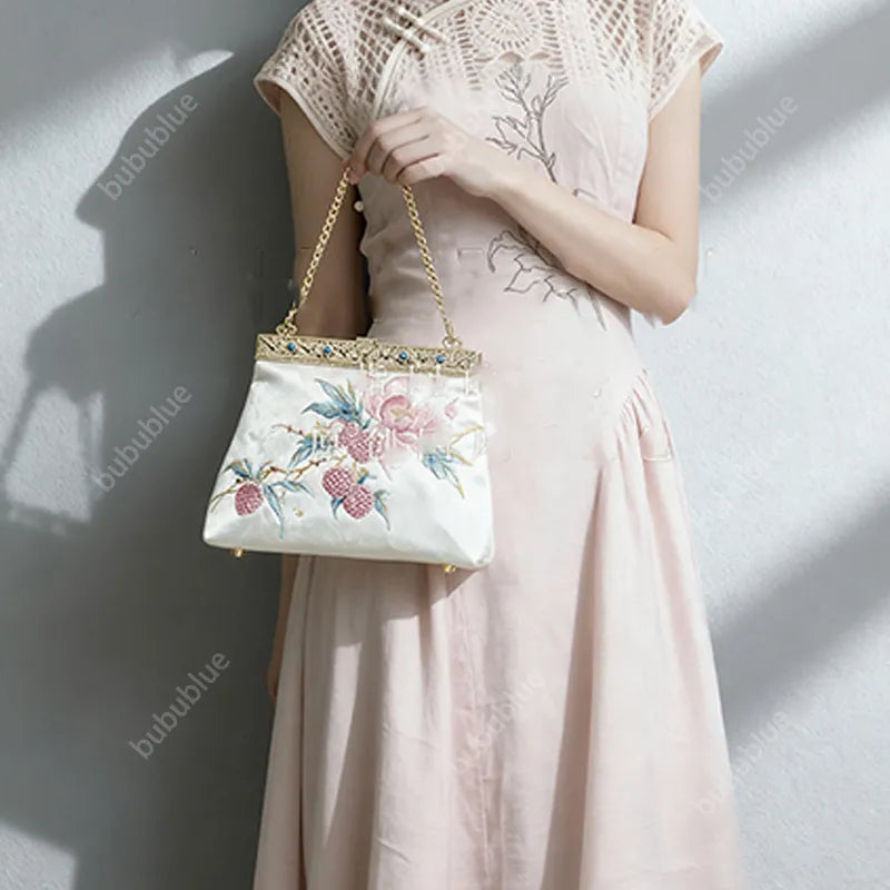 Vintage Lychee Embroidered Satin Handbag with Metal Beads