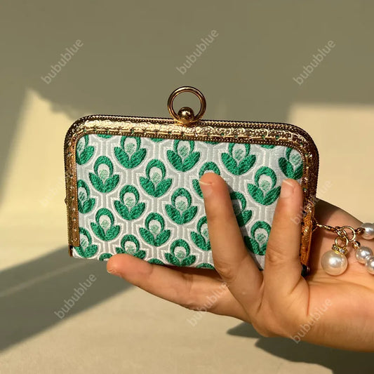 Green Blossom Mini Card Wallet with Pearl handle With Compartments
