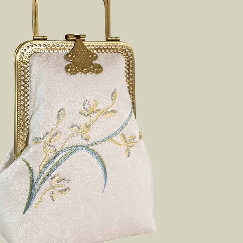 Orchid Embroidered Vintage White Evening Bag With Metal Handle