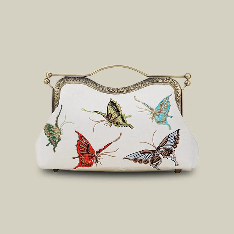Vintage Butterfly Embroidered Handbag with Metal Kiss-Lock