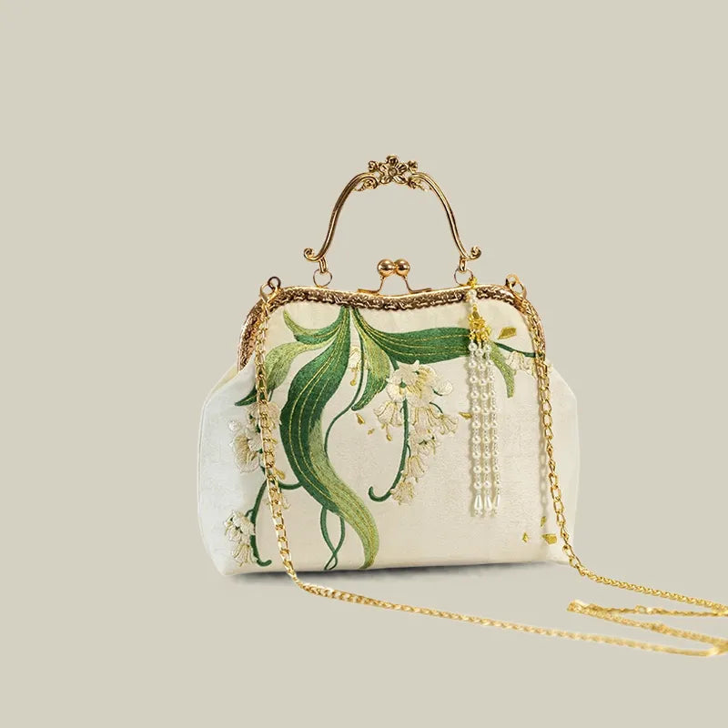 Lily of the Valley Embroidered Kiss-Lock White Handbag with Pearl Tassel