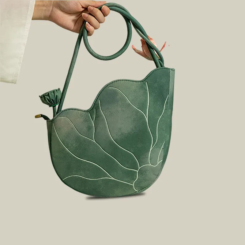 Green Lotus Embroidered Shoulder Bag