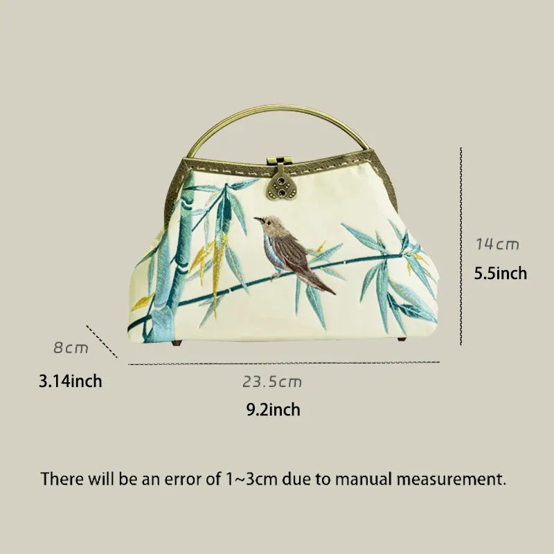 Magpie and Bamboo Embroidered Handbag with Metal Handle