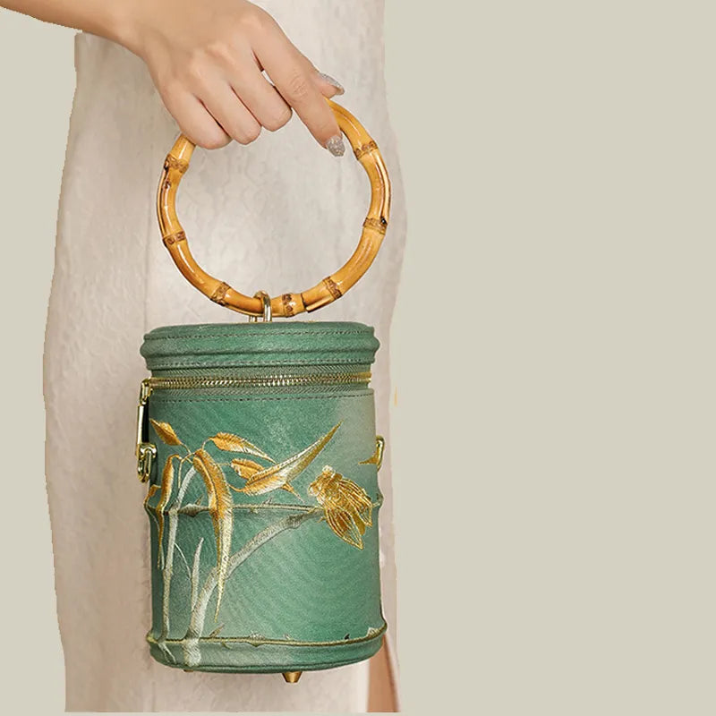 Cicada Song Embroidered Green Mini Bucket Bag