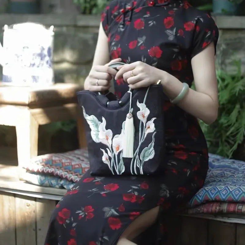 Calla Lily Embroidered Tote Bag with Vintage Green Acrylic Handle