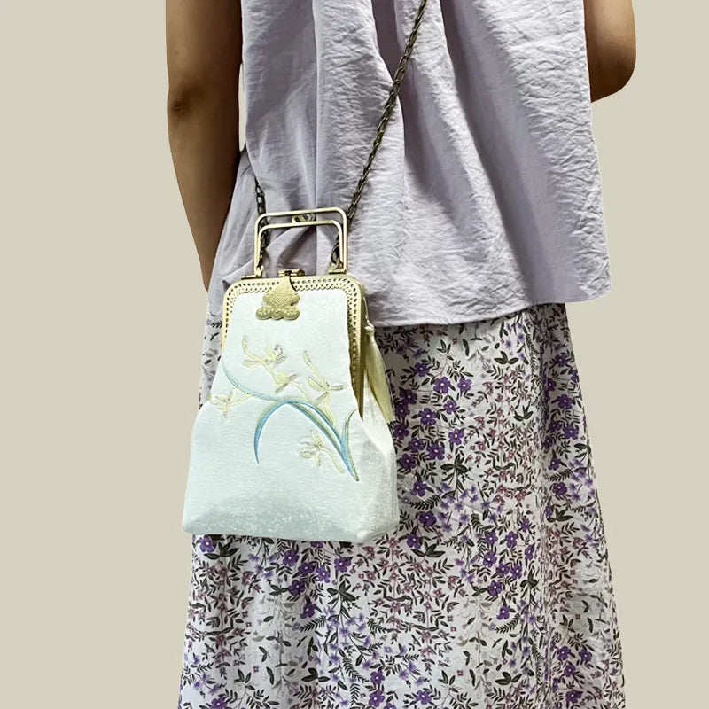 Orchid Embroidered Vintage White Evening Bag With Metal Handle