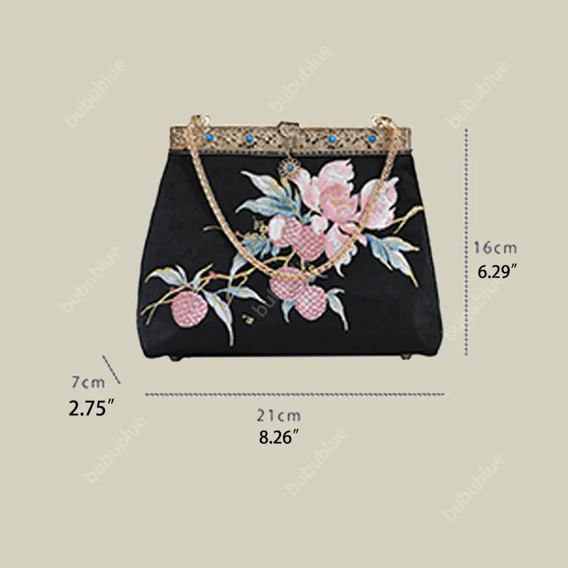 Vintage Lychee Embroidered Satin Handbag with Metal Beads