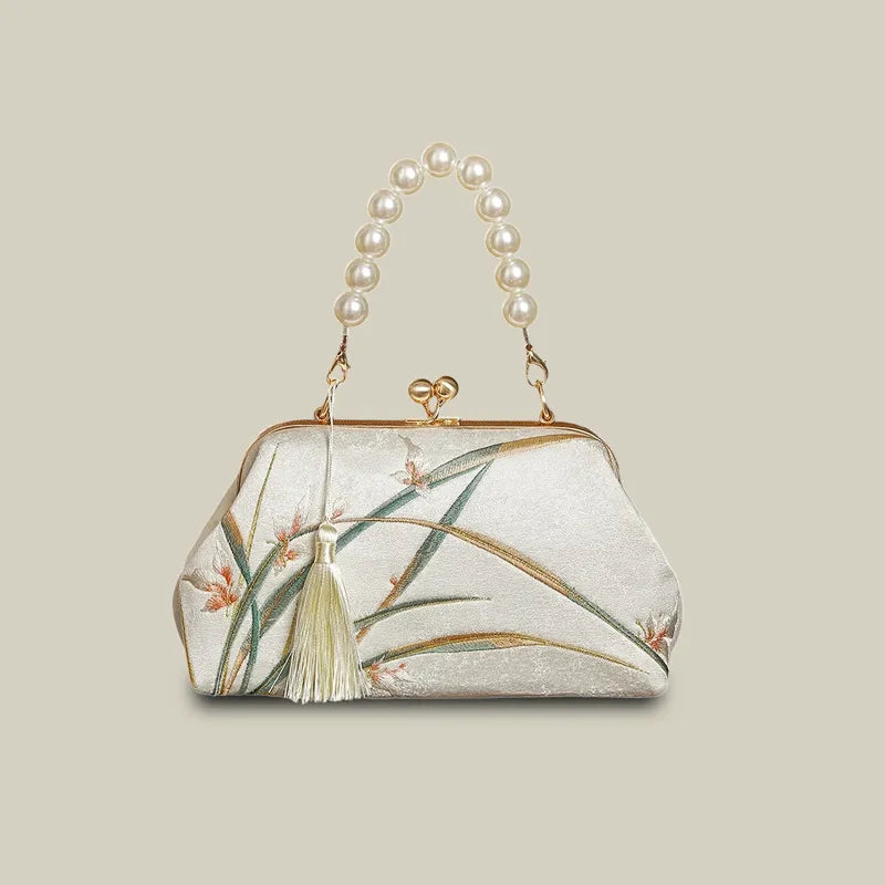 Orchid Bloom Embroidered Kiss-Lock Handbag with Pearl Handle