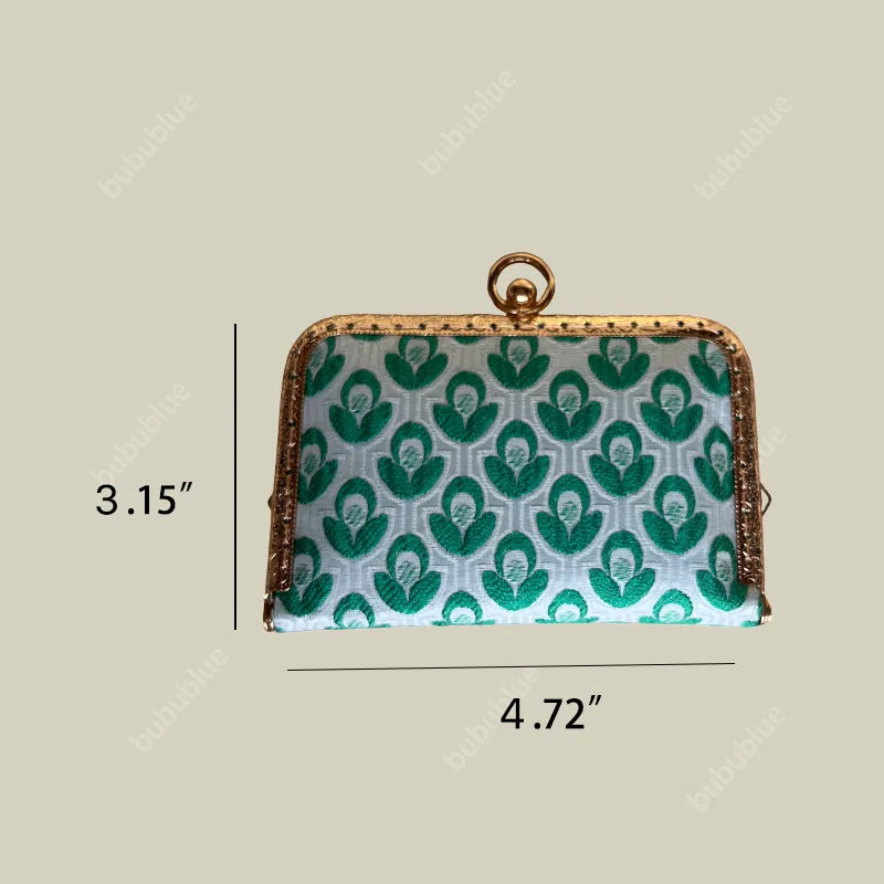 Green Blossom Mini Card Wallet with Pearl handle With Compartments