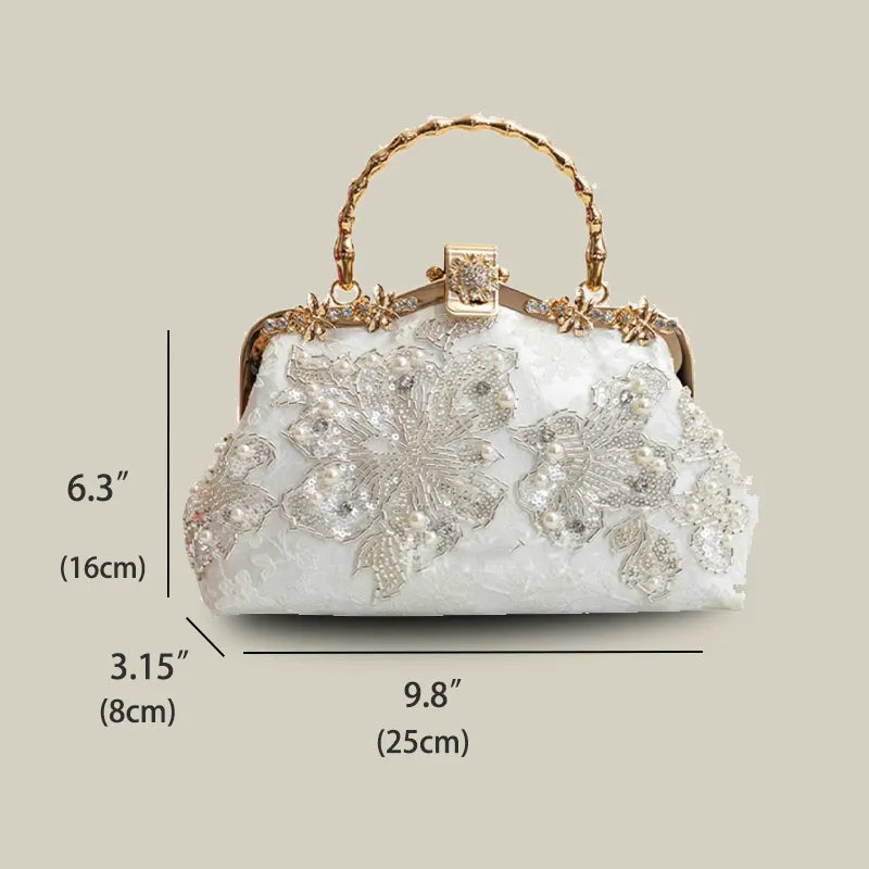 White Floral Embroidery Evening Handbag