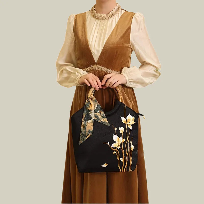 Floral Embroidered Tote Bag with Bamboo Handle & Silk Scarf