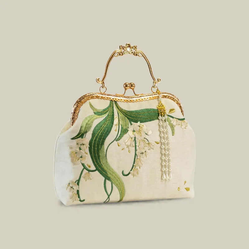 Lily of the Valley Embroidered Kiss-Lock White Handbag with Pearl Tassel