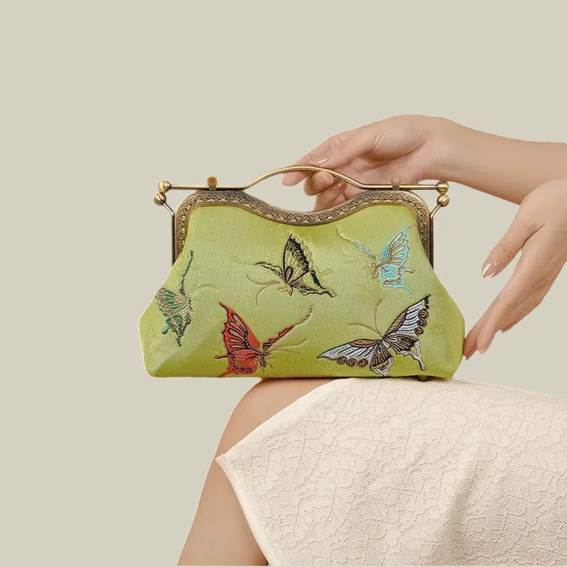 Vintage Butterfly Embroidered Handbag with Metal Kiss-Lock