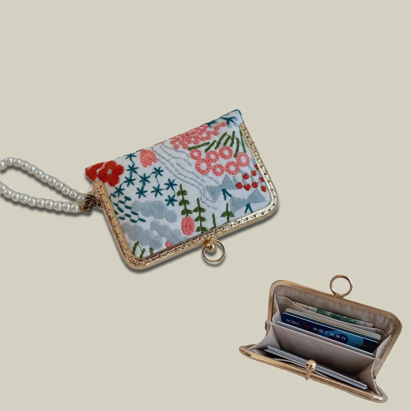 Blossom Stitch Card Wallet with Pearl Wristle With Compartments