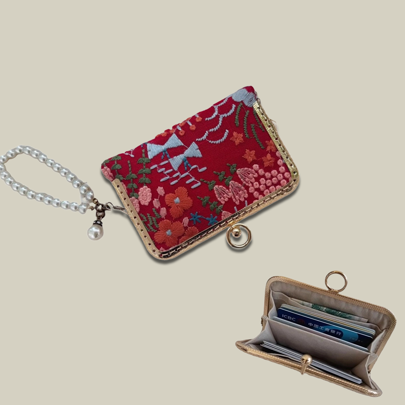 Blossom Stitch Card Wallet with Pearl Wristle With Compartments