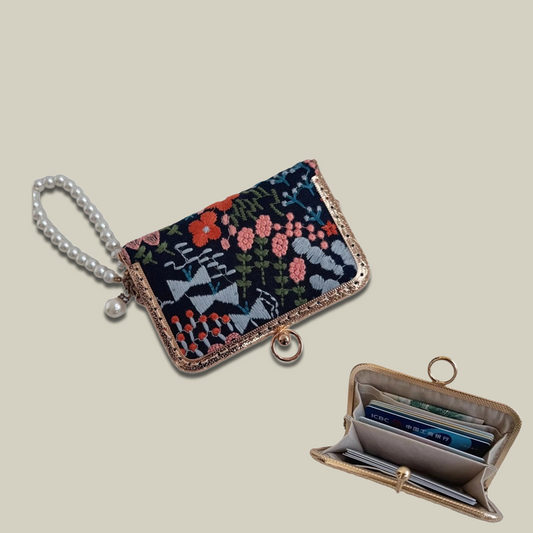 Blossom Stitch Card Wallet with Pearl Wristle With Compartments