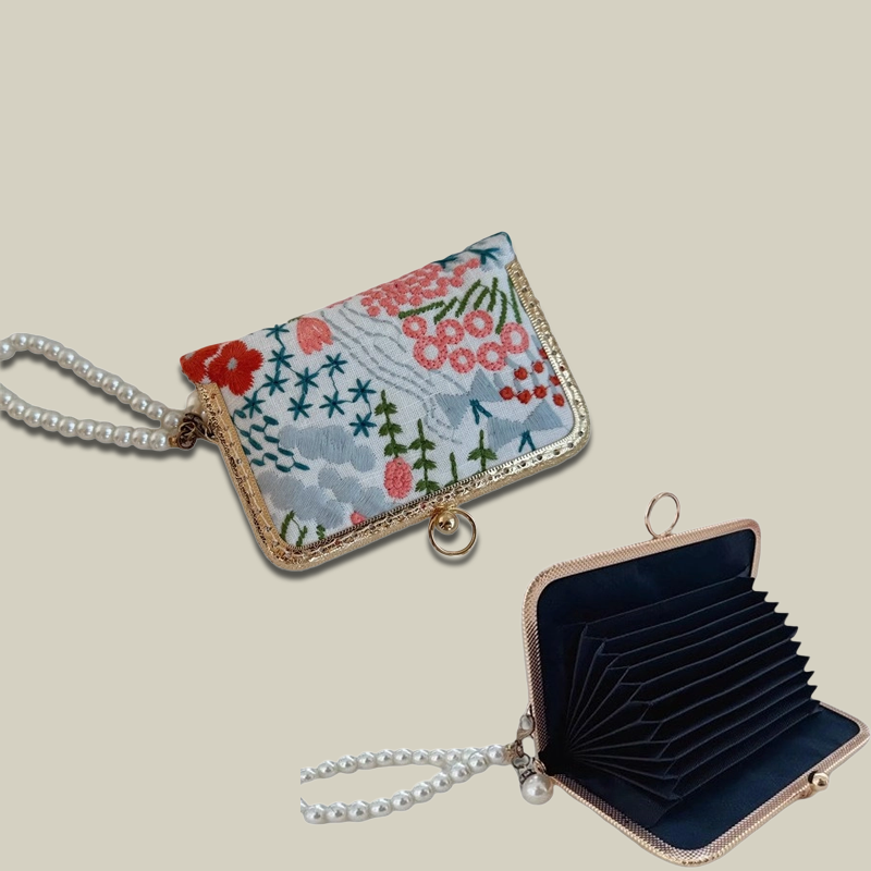 Blossom Stitch Card Wallet with Pearl Wristle With Compartments