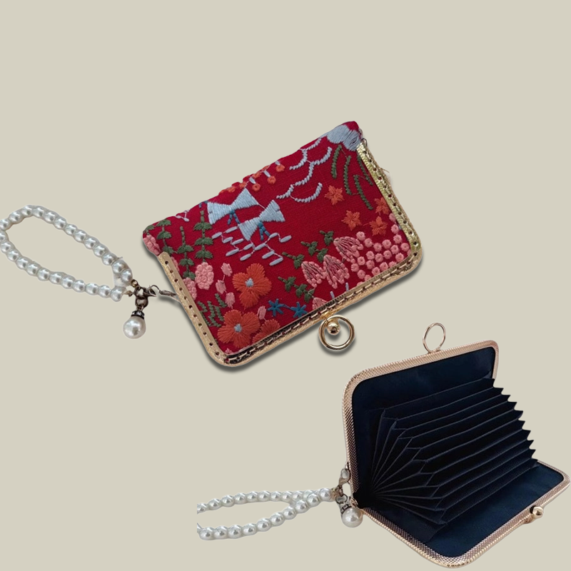 Blossom Stitch Card Wallet with Pearl Wristle With Compartments