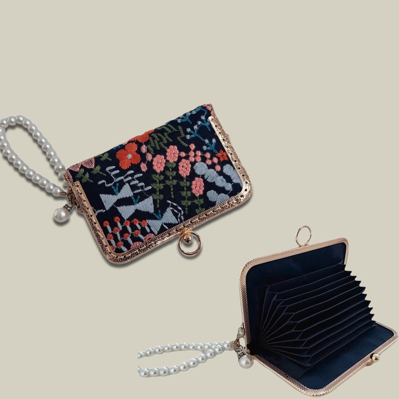 Blossom Stitch Card Wallet with Pearl Wristle With Compartments