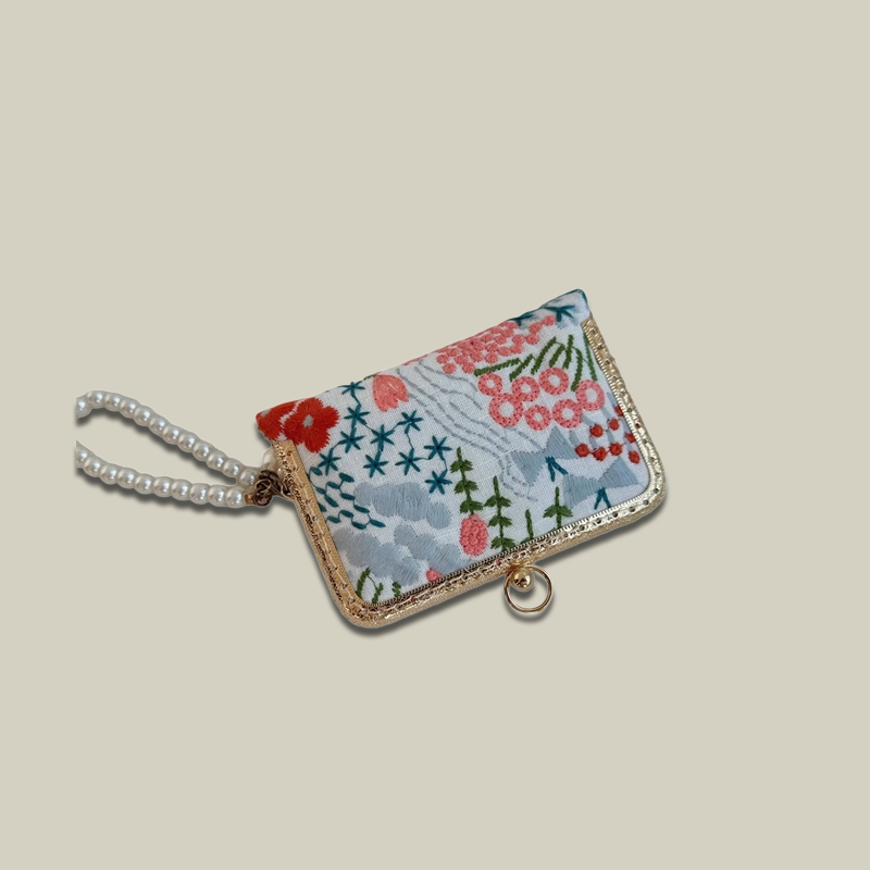 Blossom Stitch Card Wallet with Pearl Wristle With Compartments