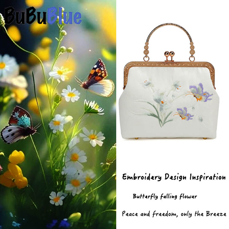 Butterfly Embroidered White Kiss-Lock Handbag