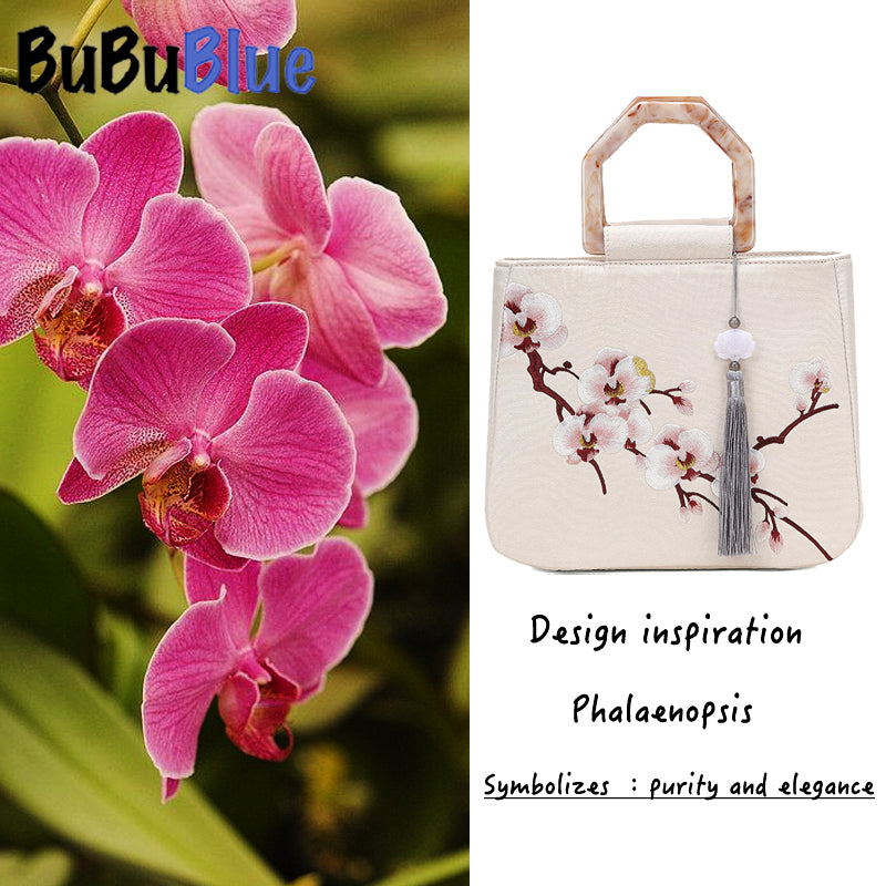 Moth Orchid Embroidered Tote Bag with Vintage Acrylic Handle