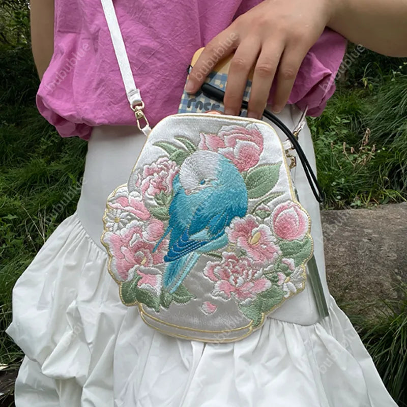 Cute Crossbody Mobile Phone Bag With Flower And Bird Embroidery